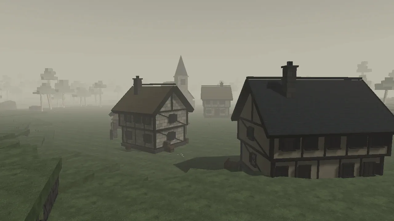 Two timber houses in thick fog