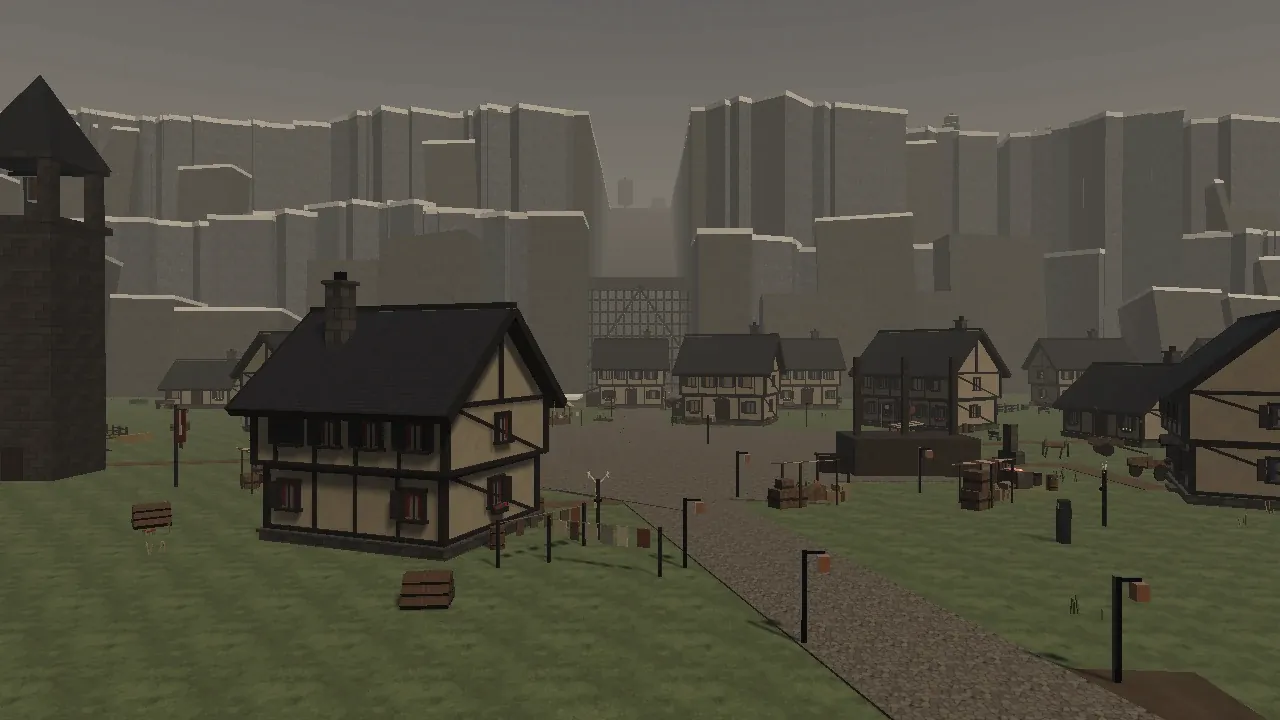 Timber houses of Vigil Hollow under a grey cliff wall